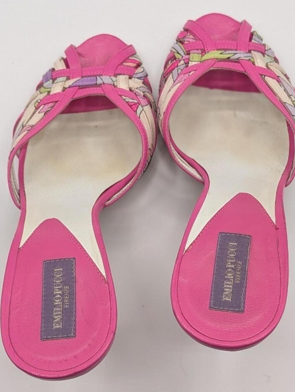 Emilio Pucci 37 EU 6.5 US Pink Leather Floral Kitten Heel Mules Made in Italy - Picture 7 of 13